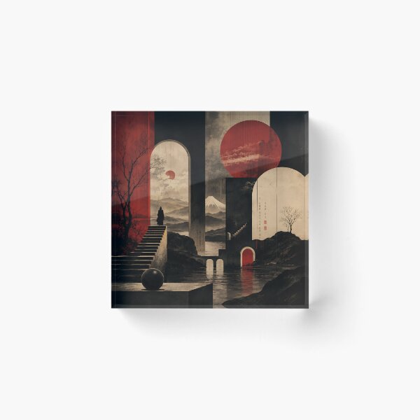 Item preview, Japanese Surrealist Art — Dark Red Moon Mount Fuji Architecture designed and sold by Aureva Arts Shop.