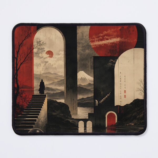 Item preview, Japanese Surrealist Art — Dark Red Moon Mount Fuji Architecture designed and sold by Aureva Arts Shop.
