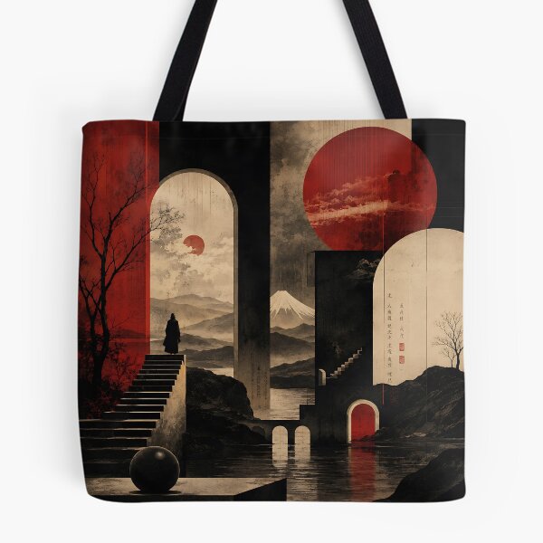Item preview, Japanese Surrealist Art — Dark Red Moon Mount Fuji Architecture designed and sold by Aureva Arts Shop.