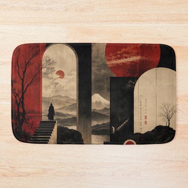 Item preview, Japanese Surrealist Art — Dark Red Moon Mount Fuji Architecture designed and sold by Aureva Arts Shop.