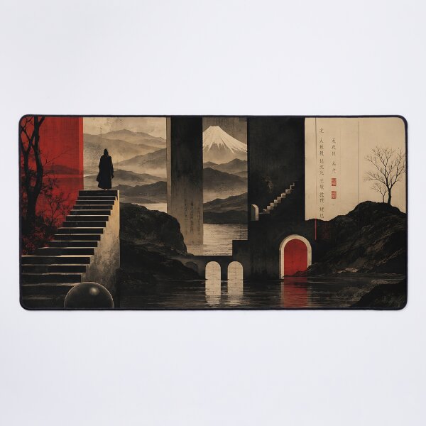 Item preview, Japanese Surrealist Art — Dark Red Moon Mount Fuji Architecture designed and sold by Aureva Arts Shop.