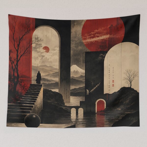 Item preview, Japanese Surrealist Art — Dark Red Moon Mount Fuji Architecture designed and sold by Aureva Arts Shop.