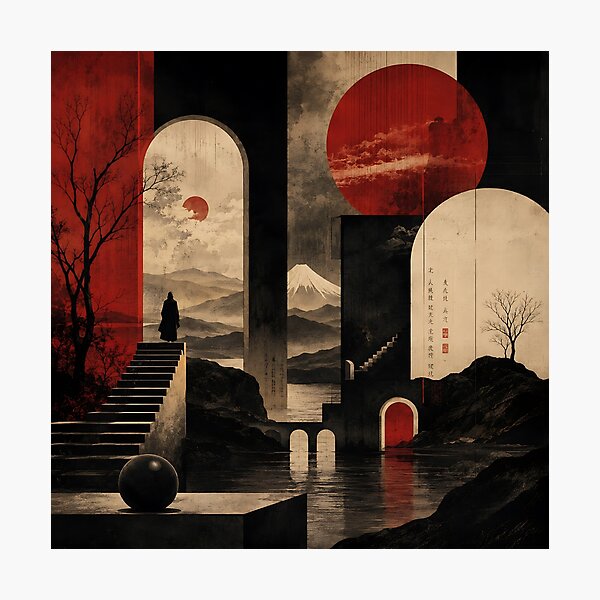 Item preview, Japanese Surrealist Art — Dark Red Moon Mount Fuji Architecture designed and sold by Aureva Arts Shop.