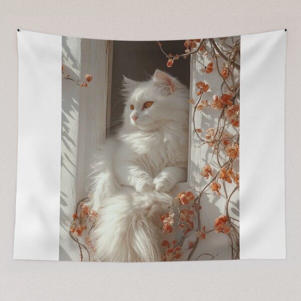 Item preview, Elegant White Cat Resting by a Blooming Window designed and sold by Jesus-istheway.