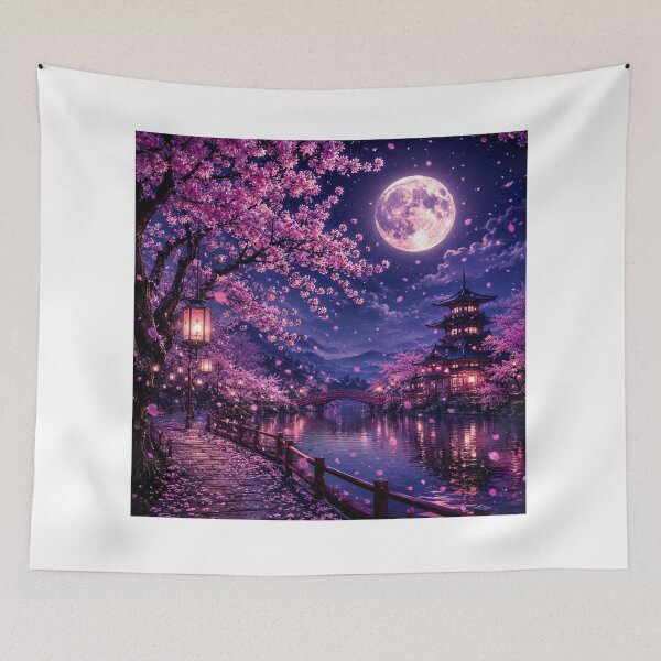 Item preview, Moonlit Cherry Blossom Night Landscape | Sakura Fantasy Art designed and sold by Moonlight Studio.