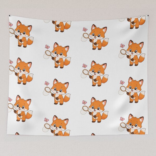 Item preview, Cute Fox with Butterfly Net Kawaii Cartoon Nature Design designed and sold by Seculinator.