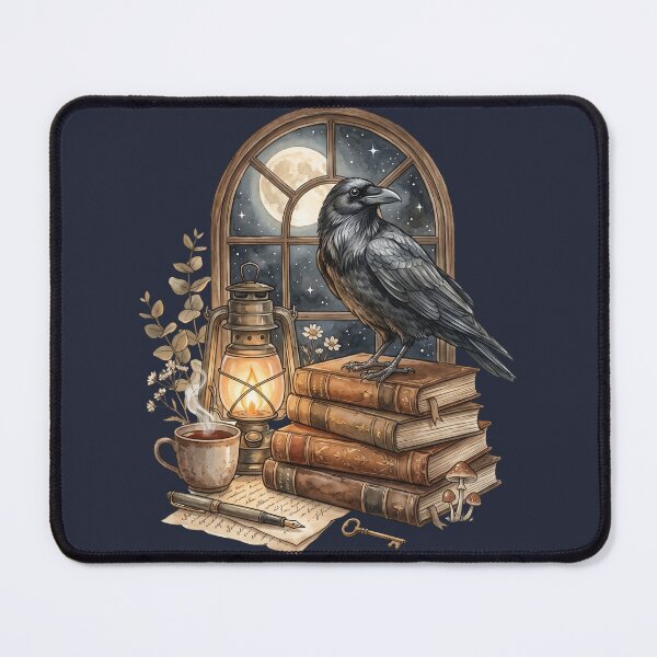 Item preview, Moonlit Raven on Vintage Books | Dark Academia Library Watercolor Illustration designed and sold by Whimwick.