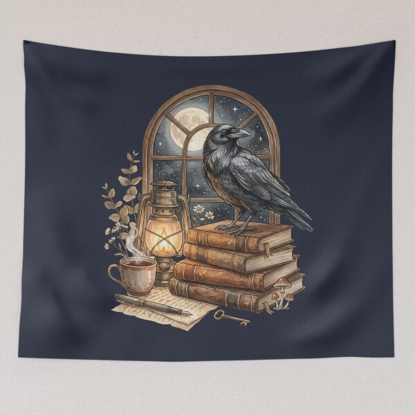 Item preview, Moonlit Raven on Vintage Books | Dark Academia Library Watercolor Illustration designed and sold by Whimwick.