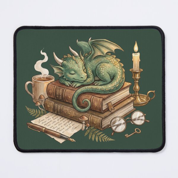 Item preview, Sleeping Book Dragon on Vintage Books | Cozy Fantasy Watercolor Library Illustration designed and sold by Whimwick.