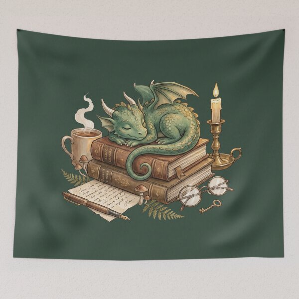 Item preview, Sleeping Book Dragon on Vintage Books | Cozy Fantasy Watercolor Library Illustration designed and sold by Whimwick.