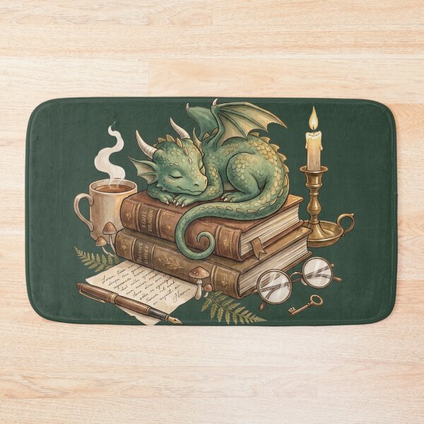 Item preview, Sleeping Book Dragon on Vintage Books | Cozy Fantasy Watercolor Library Illustration designed and sold by Whimwick.