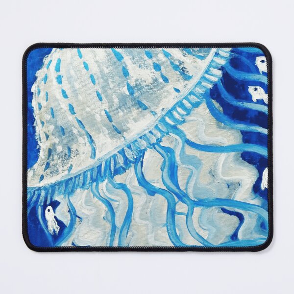 Item preview, White Jellyfish Painting Floating With Small Fish In Deep Sea Water designed and sold by AstroOceania.