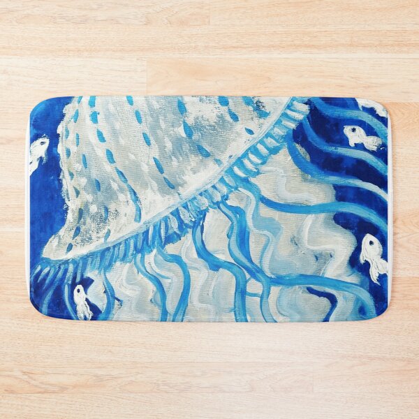 Item preview, White Jellyfish Painting Floating With Small Fish In Deep Sea Water designed and sold by AstroOceania.