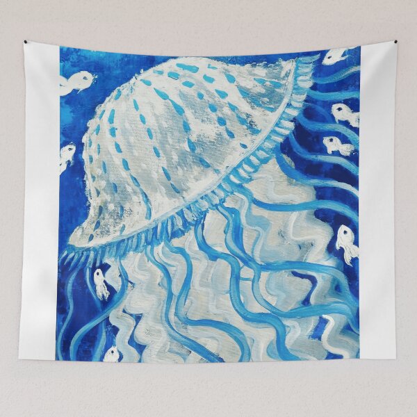 Item preview, White Jellyfish Painting Floating With Small Fish In Deep Sea Water designed and sold by AstroOceania.