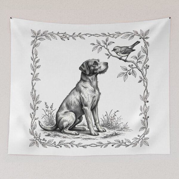 Item preview, Dog Watching Bird on Branch Illustration designed and sold by Linework Studio.