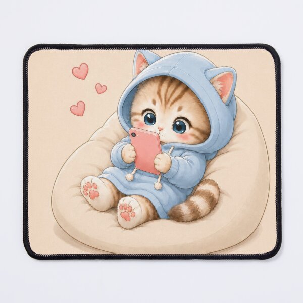 Item preview, Adorable Kitten in Blue Hoodie Using a Phone | Kawaii Cat Illustration | Cozy Animal Art designed and sold by dreamybyana.