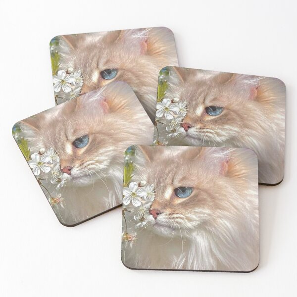 Item preview, Blue-Eyed Fluffy Cat with Spring Blossoms | Elegant Floral Cat Art designed and sold by Jesus-istheway.