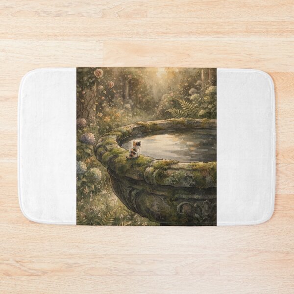 Item preview, Tiny Kitten on a Giant Antique Garden Birdbath Miniature Illustration designed and sold by DuckOddity.