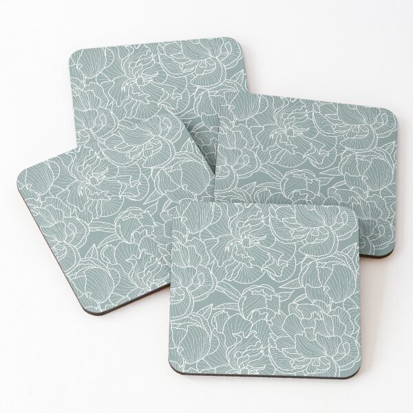 Item preview, white peony contour drawing on muted pastel teal designed and sold by kobyakov.