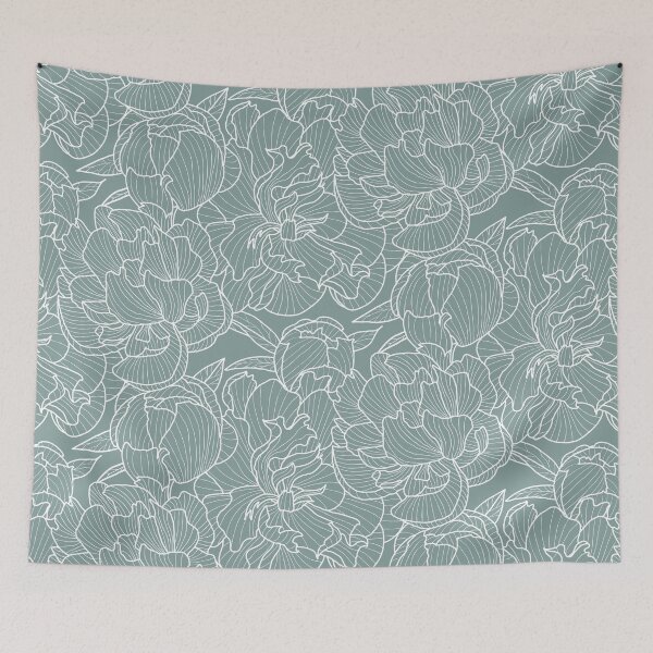Item preview, white peony contour drawing on muted pastel teal designed and sold by kobyakov.