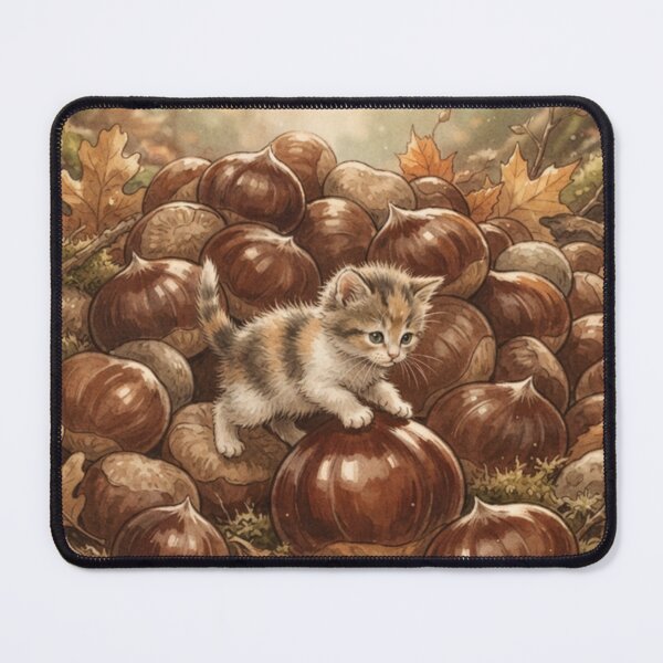 Item preview, Tiny Kitten Exploring Giant Chestnuts on the Forest Floor Miniature Illustration Illustration designed and sold by DuckOddity.