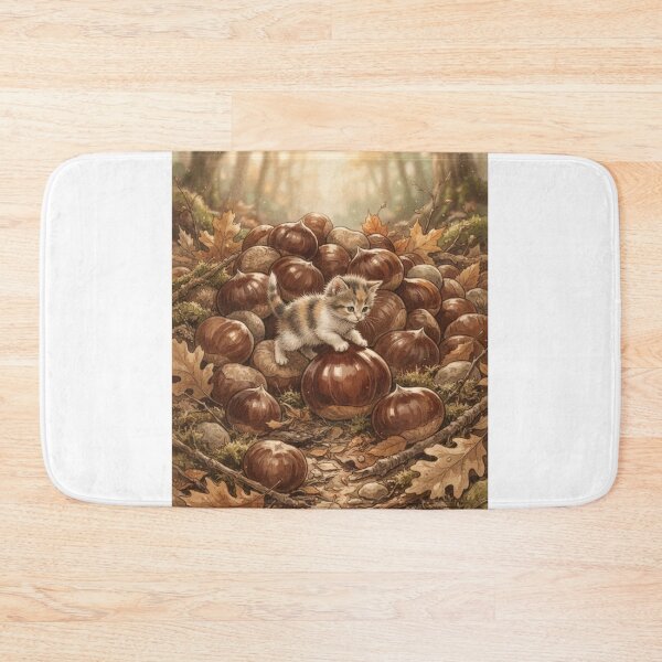 Item preview, Tiny Kitten Exploring Giant Chestnuts on the Forest Floor Miniature Illustration Illustration designed and sold by DuckOddity.