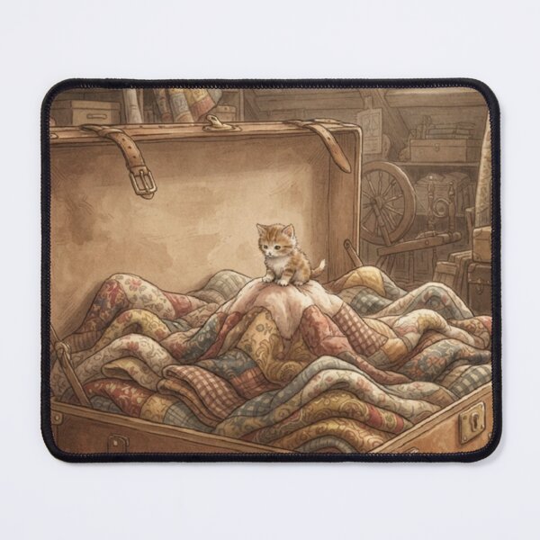 Item preview, Tiny Kitten on a Giant Vintage Attic Trunk Miniature Illustration designed and sold by DuckOddity.