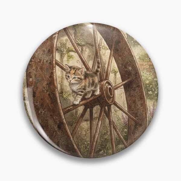 Item preview, Tiny Kitten on a Giant Vintage Metal Wheel Miniature Illustration designed and sold by DuckOddity.