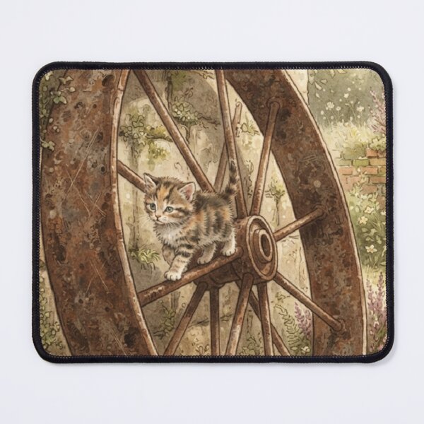 Item preview, Tiny Kitten on a Giant Vintage Metal Wheel Miniature Illustration designed and sold by DuckOddity.