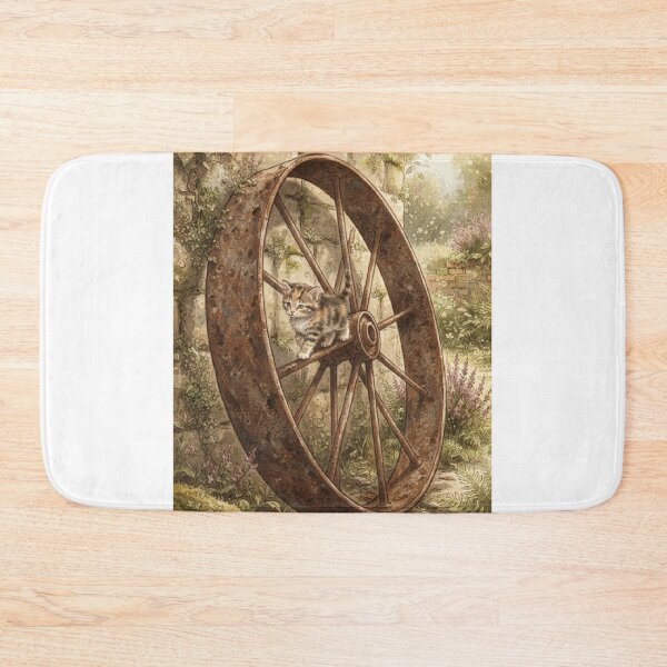 Item preview, Tiny Kitten on a Giant Vintage Metal Wheel Miniature Illustration designed and sold by DuckOddity.