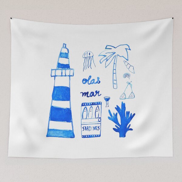 Item preview, Lighthouse and Sardines in Blue Watercolor designed and sold by ElizabethCoelho.