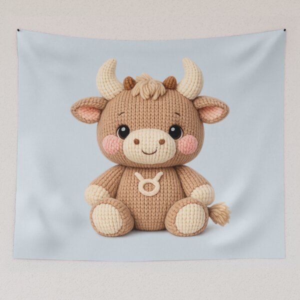 Item preview, Cute Taurus Bull Plush Zodiac Nursery | Kawaii Knitted Astrology Knit Art designed and sold by Moons Studio.