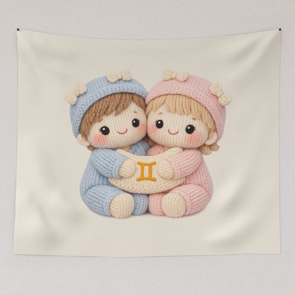 Item preview, Cute Gemini Twins Plush Zodiac Nursery | Kawaii Knitted Astrology Knit Art designed and sold by Moons Studio.