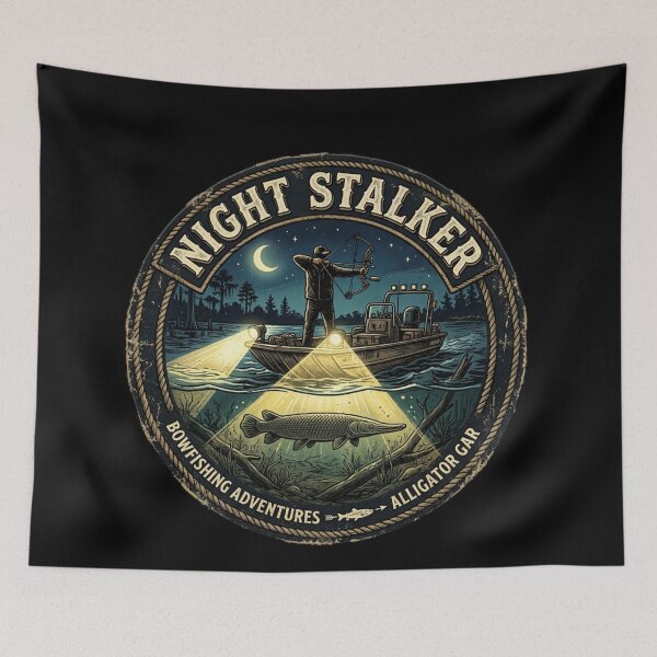 Item preview, Night Stalker Bowfishing - Alligator Gar Boat Hunter Vintage Emblem designed and sold by Georain.