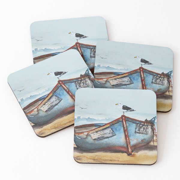 Item preview, Blue Fishing Boat on Sandy Beach Watercolor designed and sold by RobynPeckArt.