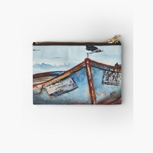 Item preview, Blue Fishing Boat on Sandy Beach Watercolor designed and sold by RobynPeckArt.