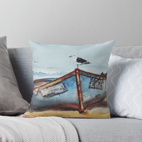 Item preview, Blue Fishing Boat on Sandy Beach Watercolor designed and sold by RobynPeckArt.