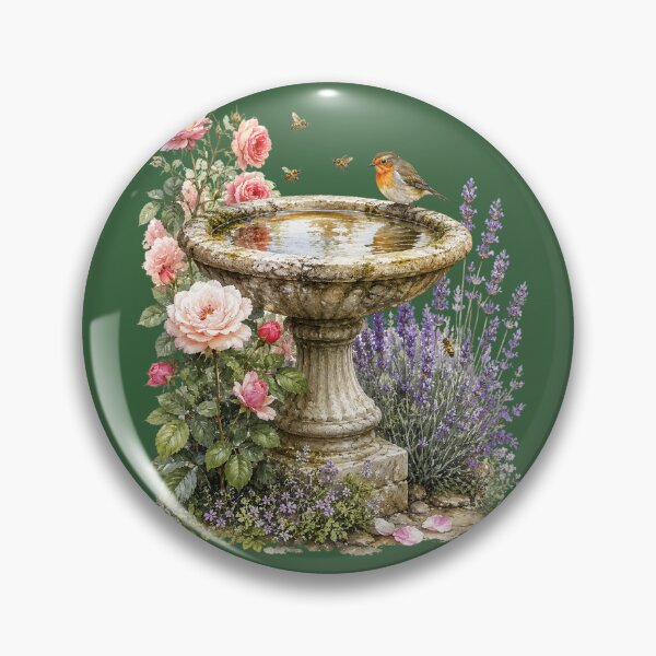 Item preview, Stone Birdbath Watercolor Illustration – Cottage Garden Robin & Honeybee Botanical Art designed and sold by MagicMakerPh.