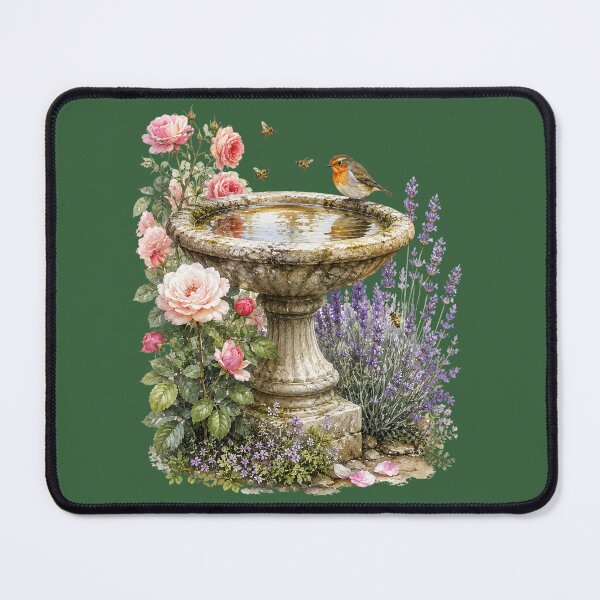 Item preview, Stone Birdbath Watercolor Illustration – Cottage Garden Robin & Honeybee Botanical Art designed and sold by MagicMakerPh.