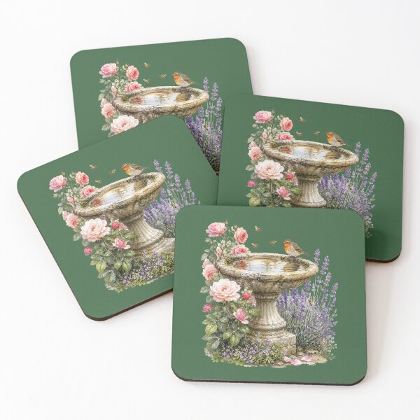 Item preview, Stone Birdbath Watercolor Illustration – Cottage Garden Robin & Honeybee Botanical Art designed and sold by MagicMakerPh.