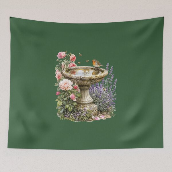 Item preview, Stone Birdbath Watercolor Illustration – Cottage Garden Robin & Honeybee Botanical Art designed and sold by MagicMakerPh.