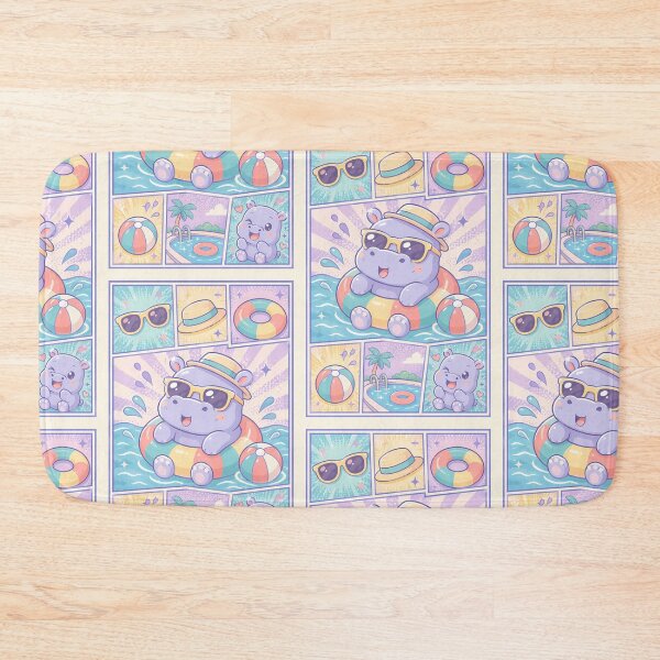 Item preview, Kawaii Pool Hippo Summer Comic Panel designed and sold by Gift Phrase Studio.