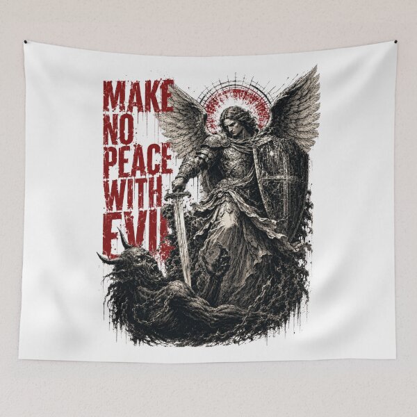 Item preview, Archangel Michael Make no Peace with Evil - Christian Metal Streetwear designed and sold by Blood Washed Apparel.