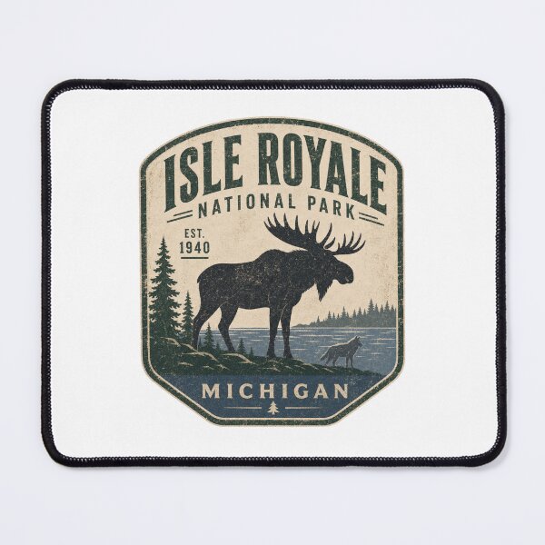 Item preview, Isle Royale National Park Michigan Moose Wolf Vintage Badge Distressed Outdoor Wilderness designed and sold by The Junto Shop.