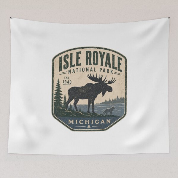 Item preview, Isle Royale National Park Michigan Moose Wolf Vintage Badge Distressed Outdoor Wilderness designed and sold by The Junto Shop.