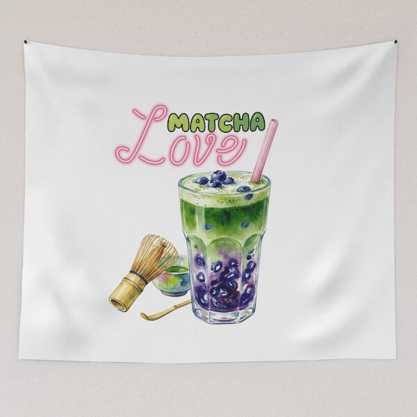 Item preview, "Matcha Love" Watercolor Blue Matcha and Berry Latte Illustration designed and sold by VibranPalette.