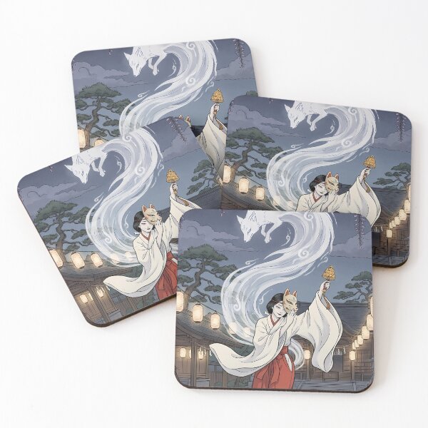Item preview, Mystical Shinto Miko Shrine Maiden Dancing with Spirit Fox Kitsune - Ukiyo-e Art designed and sold by TokyoUkiyoHouse.