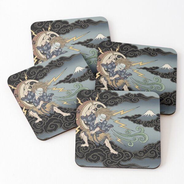Item preview, Mythical Japanese Storm God Striking Drum with Lightning and Fuji - Ukiyo-e Art designed and sold by TokyoUkiyoHouse.