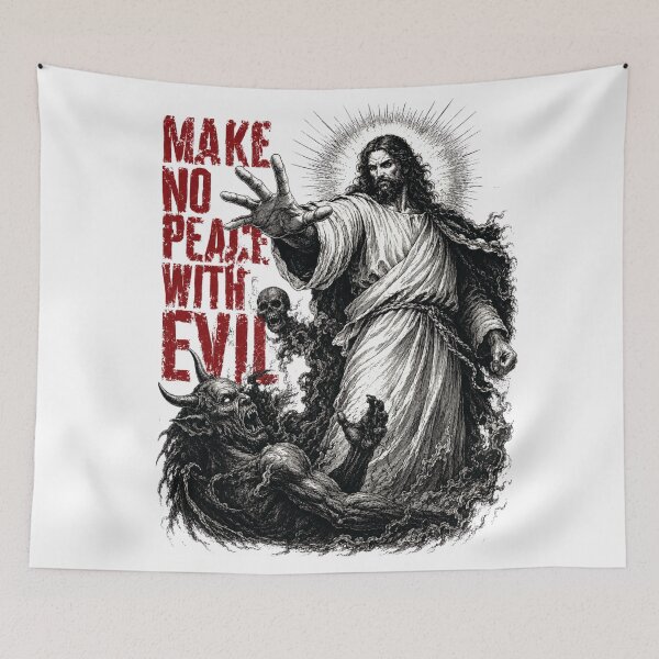 Item preview, Jesus Christ Casting out Demons Make no Peace with Evil - Christian Goth Metal Streetwear designed and sold by Blood Washed Apparel.