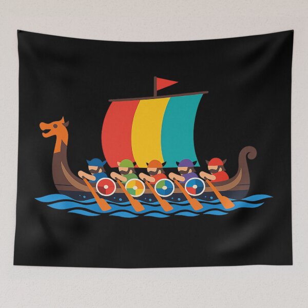 Item preview, Minimalist Colorful Viking Longboat Rowing on Blue Waves designed and sold by optimusprime39.